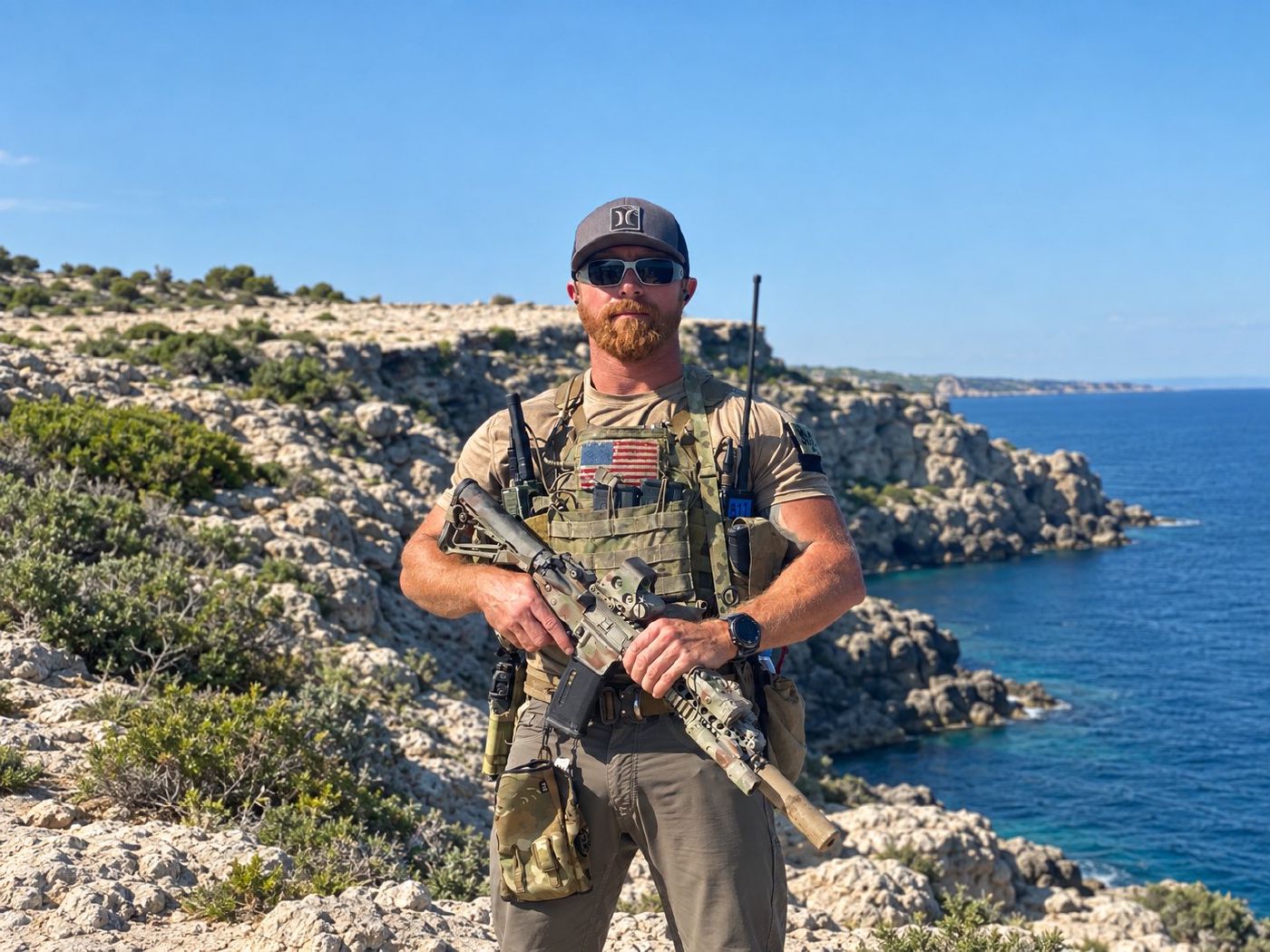Bryce Henson in tactical gear on a rocky coastline